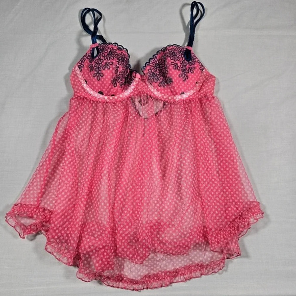 Victoria's Secret Pink Polka Dot Eyelet Sheer Underwired Chemise‎ 34B - Picture 1 of 7